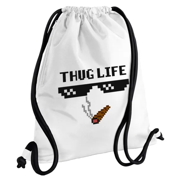 thug life — Backpack pouch GYMBAG white, with pocket (40x48cm) & thick cords