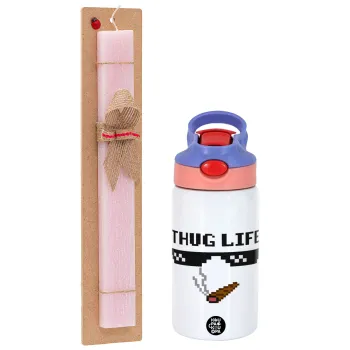 thug life, Easter Set, Children's thermal stainless steel water bottle with safety straw, pink/purple (350ml) & Easter scented flat candle (30cm) (PINK)