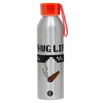 thug life, Αλουμινένιο Αθλητικό Μπουκάλι 650ml – Ασημί με Κόκκινο Καπάκι και Λουράκι Σιλικόνης