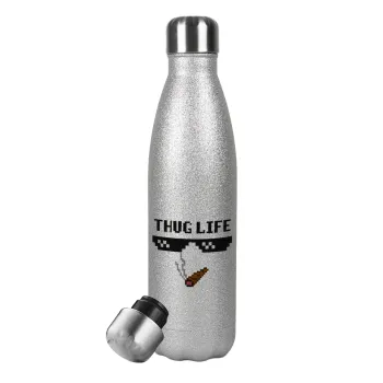 thug life, Metallic Glitter Silver Thermos Flask (Stainless steel), double-walled, 500ml