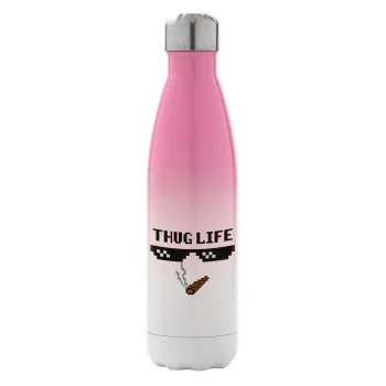 thug life, Μεταλλικό παγούρι θερμός Ροζ/Λευκό (Stainless steel), διπλού τοιχώματος, 500ml