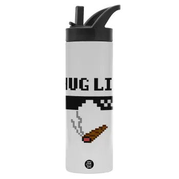 thug life, Μεταλλικό παγούρι θερμός με καλαμάκι & χειρολαβή, ανοξείδωτο ατσάλι (Stainless steel 304), διπλού τοιχώματος, 600ml