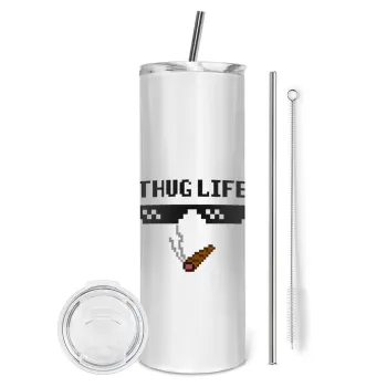 thug life, Tumbler ποτήρι θερμό από ανοξείδωτο ατσάλι 600ml, με μεταλλικό καλαμάκι & βούρτσα καθαρισμού