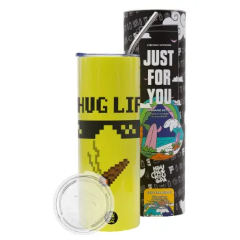 thug life, Neon Yellow Travel Tumbler θερμό, μεταλλικό καλαμάκι(Ανωξείδωτο 304 Food grade, BPA free, 600ml)