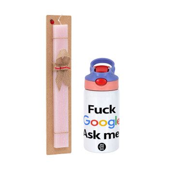 Fuck Google, Ask me!, Easter Set, Children's thermal stainless steel water bottle with safety straw, pink/purple (350ml) & Easter scented flat candle (30cm) (PINK)