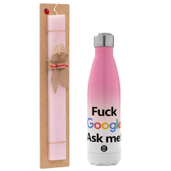Fuck Google, Ask me!, Easter Set, Metallic pink/white (Stainless steel) thermos, double-walled, 500ml & aromatic flat Easter candle (30cm) (PINK)
