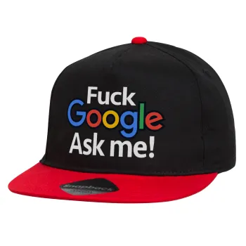 Fuck Google, Ask me!, Children's Flat Snapback Hat, Black/Red (100% COTTON, CHILDREN'S, UNISEX, ONE SIZE)