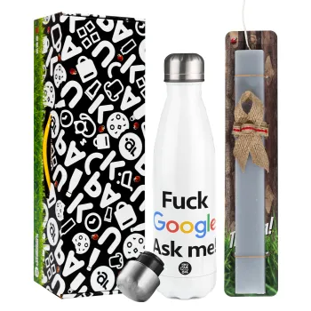 Fuck Google, Ask me!, Easter candle, metallic white thermos bottle (500ml) & aromatic flat candle (30cm) (GRAY)