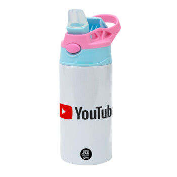 Youtube, Children's hot water bottle, stainless steel, with safety straw, Pink/BlueCiel (360ml) BPA FREE