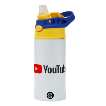 Youtube, Children's hot water bottle, stainless steel, with safety straw, green, blue (360ml) BPA FREE