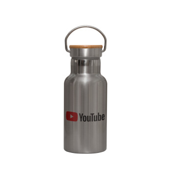 Youtube, Stainless steel metallic thermos flask, silver with a bamboo lid, double-walled, 350ml.