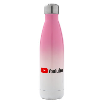 Youtube, Μεταλλικό παγούρι θερμός Ροζ/Λευκό (Stainless steel), διπλού τοιχώματος, 500ml