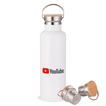 Youtube, Μεταλλικό παγούρι θερμός (Stainless steel) Λευκό με ξύλινο καπακι (bamboo), διπλού τοιχώματος, 750ml