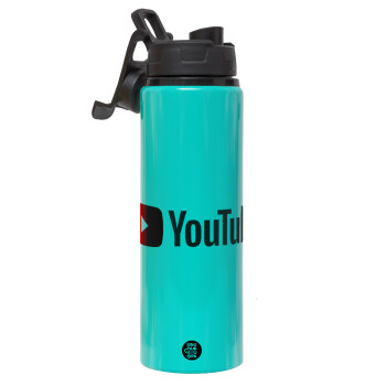 Youtube, Metallic water bottle with safety lid, 850ml aluminum