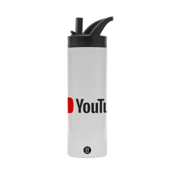 Youtube, Metallic thermos bottle with straw & handle, stainless steel (Stainless steel 304), double-walled, 600ml.