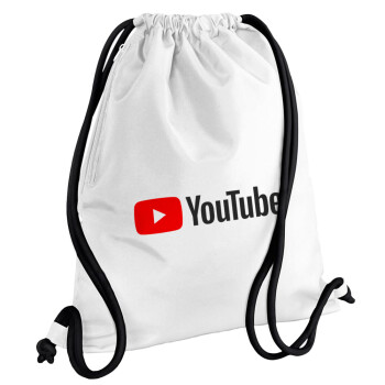 Youtube, Τσάντα πλάτης πουγκί GYMBAG λευκή, με τσέπη (40x48cm) & χονδρά κορδόνια
