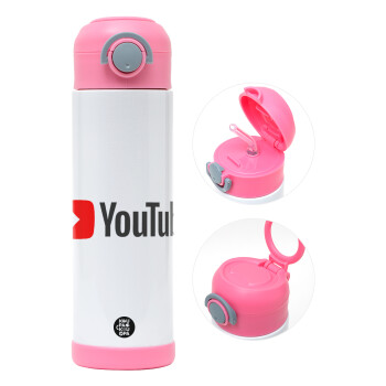 Youtube, Children's hot water bottle, stainless steel, with safety straw, PINK (500ml)