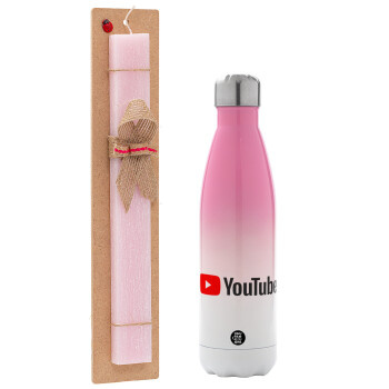 Youtube, Easter Set, Metallic pink/white (Stainless steel) thermos, double-walled, 500ml & aromatic flat Easter candle (30cm) (PINK)