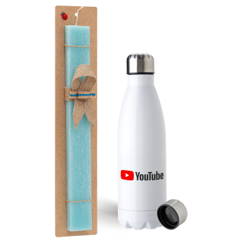 Youtube, Easter Set, metallic stainless steel water bottle (750ml) & aromatic flat Easter candle (30cm) (TURQUOISE)