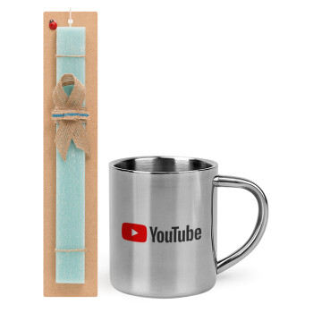 Youtube, Easter Set, metallic thermal cup (300ml) & aromatic flat Easter candle (30cm) (TURQUOISE)