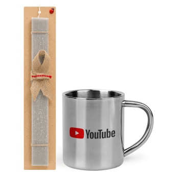 Youtube, Πασχαλινό Σετ, μεταλλική κούπα θερμό (300ml) & πασχαλινή λαμπάδα αρωματική πλακέ (30cm) (ΓΚΡΙ)