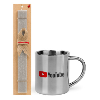 Youtube, Easter Set, metallic thermal cup (300ml) & Easter aromatic flat candle (30cm) (GRAY)