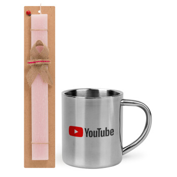 Youtube, Πασχαλινό Σετ, μεταλλική κούπα θερμό (300ml) & πασχαλινή λαμπάδα αρωματική πλακέ (30cm) (ΡΟΖ)