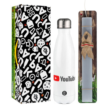Youtube, Easter candle, metallic white thermos bottle (500ml) & aromatic flat candle (30cm) (GRAY)