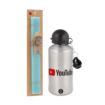 Youtube, Easter Set, metallic silver aluminum water bottle (500ml) & scented flat Easter candle (30cm) (TURQUOISE)