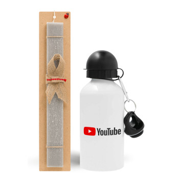 Youtube, Πασχαλινό Σετ, παγούρι μεταλλικό  αλουμινίου (500ml) & πασχαλινή λαμπάδα αρωματική πλακέ (30cm) (ΓΚΡΙ)
