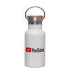 Metallic thermos (Stainless steel) White with wooden lid (bamboo), double-walled, 350ml