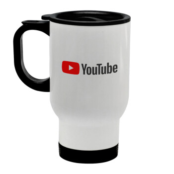 Youtube, Κούπα ταξιδιού ανοξείδωτη με καπάκι, διπλού τοιχώματος (θερμό) λευκή 450ml
