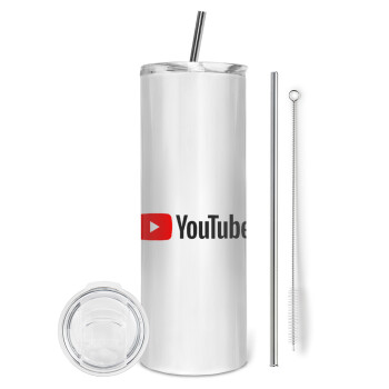 Youtube, Eco friendly ποτήρι θερμό (tumbler) από ανοξείδωτο ατσάλι 600ml, με μεταλλικό καλαμάκι & βούρτσα καθαρισμού