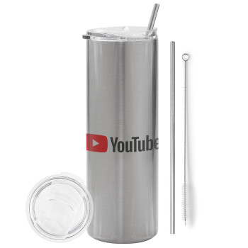 Youtube, Eco friendly ποτήρι θερμό Ασημένιο (tumbler) από ανοξείδωτο ατσάλι 600ml, με μεταλλικό καλαμάκι & βούρτσα καθαρισμού