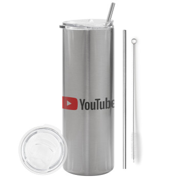 Youtube, Tumbler stainless steel Silver 600ml, with metal straw & cleaning brush
