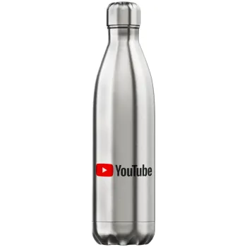 Youtube, Μεταλλικό παγούρι θερμός Inox (Stainless steel), διπλού τοιχώματος, 750ml