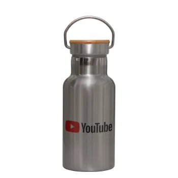 Youtube, Μεταλλικό παγούρι θερμός (Stainless steel) Ασημένιο με ξύλινο καπακι (bamboo), διπλού τοιχώματος, 350ml