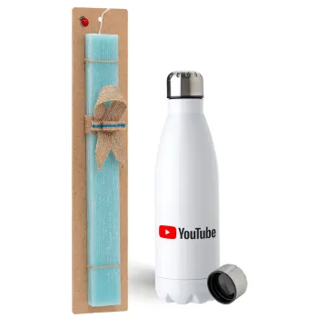 Youtube, Easter Set, metallic stainless steel water bottle (750ml) & aromatic flat Easter candle (30cm) (TURQUOISE)