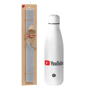 Youtube, Πασχαλινή Λαμπάδα με μεταλλικό παγούρι θερμός ανοξείδωτο (500ml) & κερί αρωματικό πλακέ (30cm) (ΓΚΡΙ)