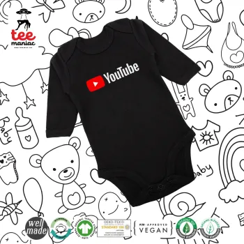 Youtube, Μακρυμάνικο βρεφικό φορμάκι, 0-18 μηνών, ΜΑΥΡΟ, 100% Organic Cotton