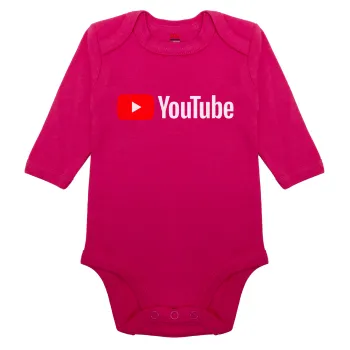 Youtube, Μακρυμάνικο βρεφικό φορμάκι, 0-18 μηνών, ΡΟΖ, 100% Organic Cotton