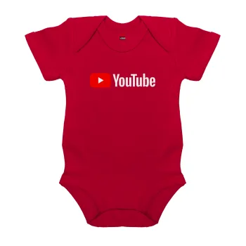 Youtube, Βρεφικό φορμάκι μωρού, ΚΟΚΚΙΝΟ, 100% Organic Cotton, κοντομάνικο