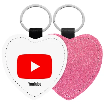 Youtube, Μπρελόκ PU δερμάτινο glitter καρδιά ΡΟΖ