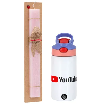 Youtube, Easter Set, Children's thermal stainless steel water bottle with safety straw, pink/purple (350ml) & Easter scented flat candle (30cm) (PINK)