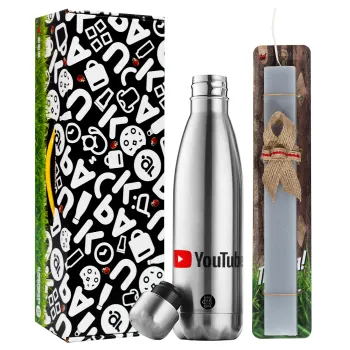 Youtube, Easter Set, metallic stainless thermos flask (500ml) & scented flat Easter candle (30cm) (GRAY)