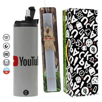 Youtube, Πασχαλινή Λαμπάδα με Travel Tumbler θερμό (600ml, BPA free) & κερί αρωματικό πλακέ (30cm) (ΓΚΡΙ)