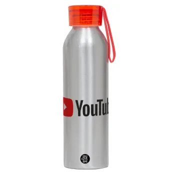 Youtube, Αλουμινένιο Αθλητικό Μπουκάλι 650ml – Ασημί με Κόκκινο Καπάκι και Λουράκι Σιλικόνης