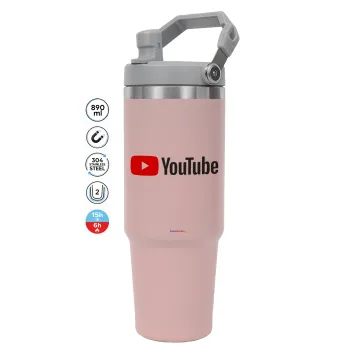Youtube, Pink color, 890ml (30oz) stainless Steel Tumbler with Handle