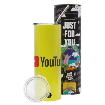Youtube, Neon Yellow Travel Tumbler θερμό, μεταλλικό καλαμάκι(Ανωξείδωτο 304 Food grade, BPA free, 600ml)