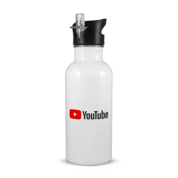 Youtube, White water bottle with straw, stainless steel 600ml